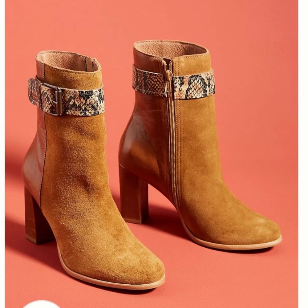 Suede Ankle Boots with Snakeskin Accent - Tan